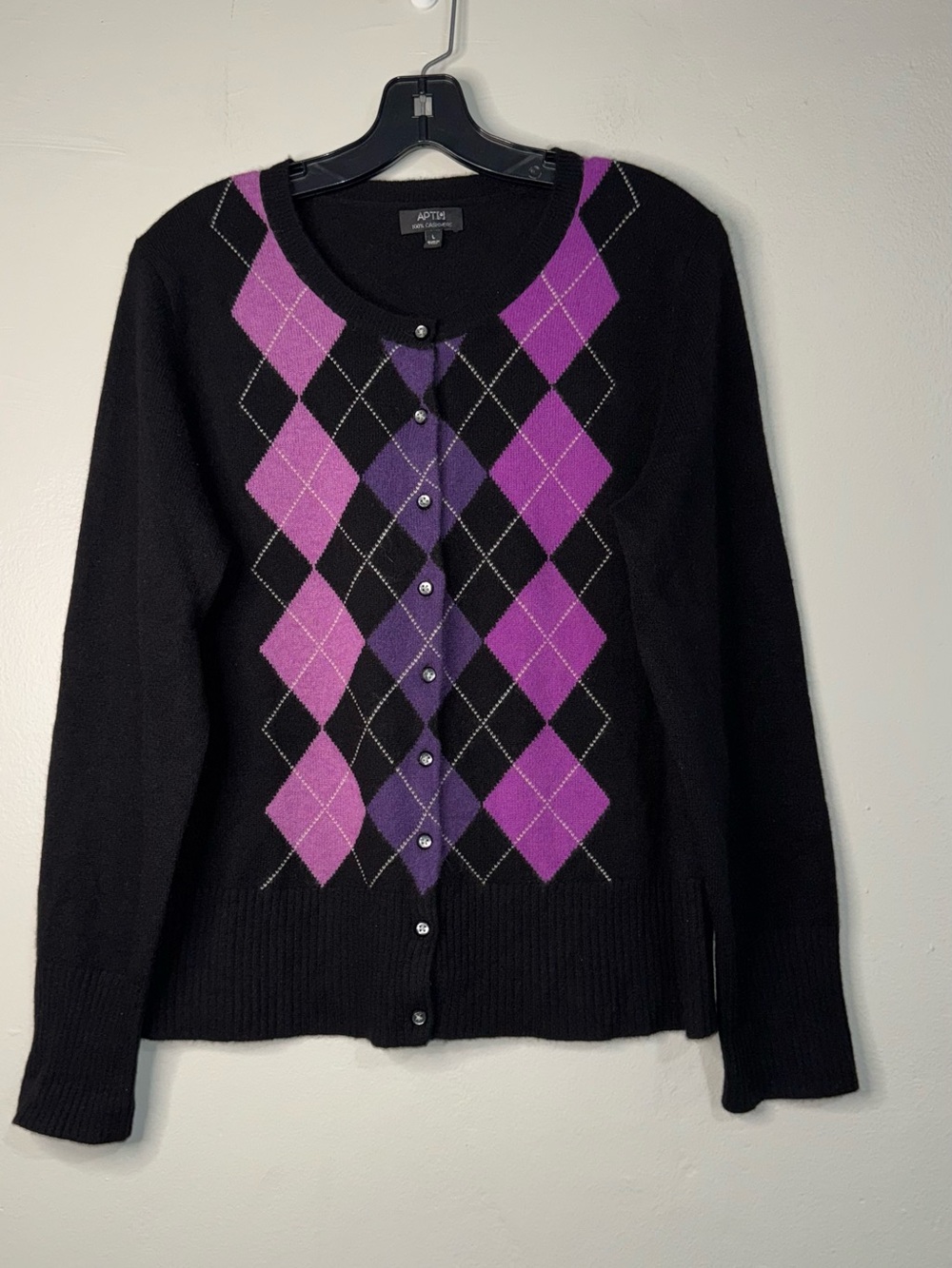 Apt. 9 Black Cardigan with Purple Argyle